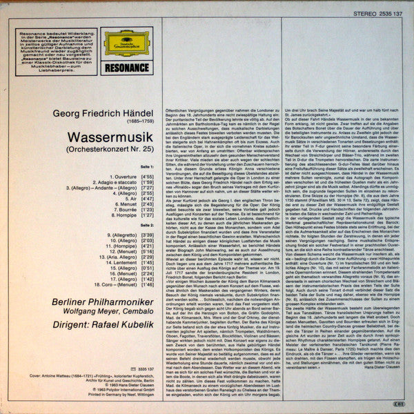 Händel* - Berliner Philharmoniker · Rafael Kubelik : Wassermusik (LP, RP)