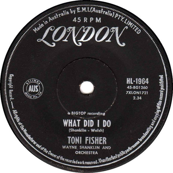 Toni Fisher : West Of The Wall (7", Single, Mono)
