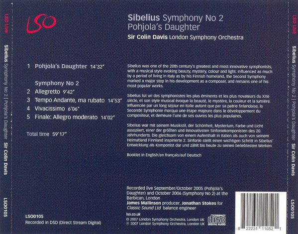 Sibelius* - Sir Colin Davis, London Symphony Orchestra : Symphony No 2 / Pohjola's Daughter (CD)