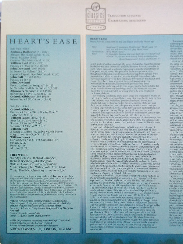 Anthony Holborne, William Byrd, John Dowland, John Bull, Orlando Gibbons, William Lawes, Alfonso Ferrabosco (2) / Fretwork : Heart's Ease (Music For Viol Consort From The Late Tudor And Early Stuart Age) (LP)