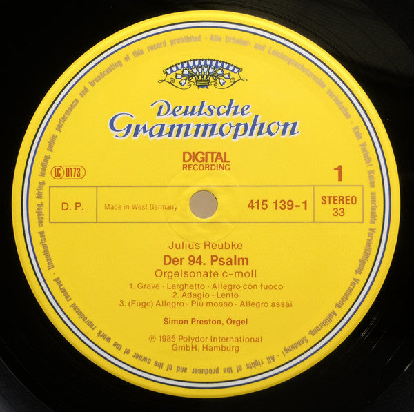 Reubke* / Liszt*, Simon Preston : Organ Sonata "The 94th Psalm" / Fantasia And Fugue On "Ad Nos" (LP)
