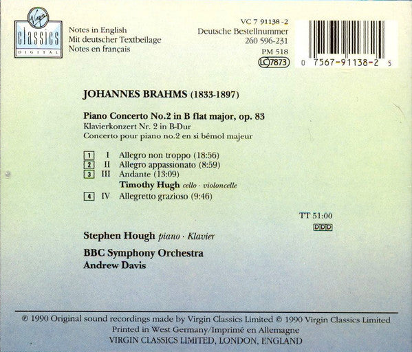 Brahms* - Stephen Hough, BBC Symphony Orchestra, Andrew Davis : Piano Concerto No. 2 (CD)
