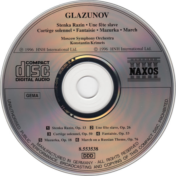 Alexander Glazunov, The Moscow Symphony Orchestra, Константин Кримец : Stenka Razin • Une Fête Slave • Cortège Solennel • Fantaisie • Mazurka • March (CD, Album)