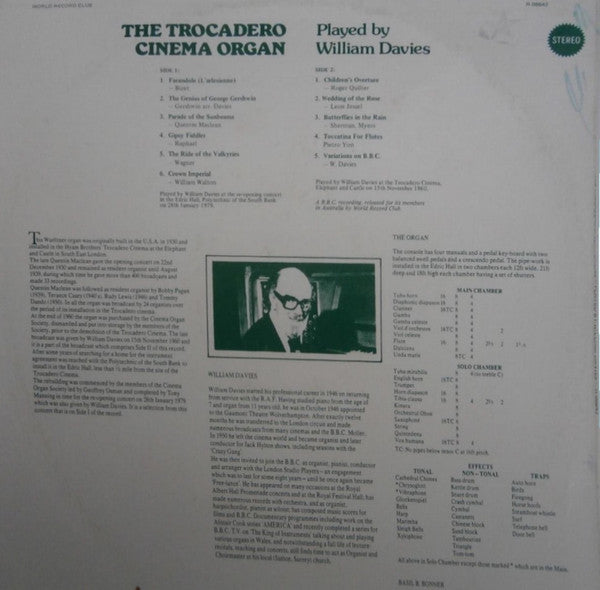 William Davies : The Trocadero Cinema Organ (LP, Album, Club)