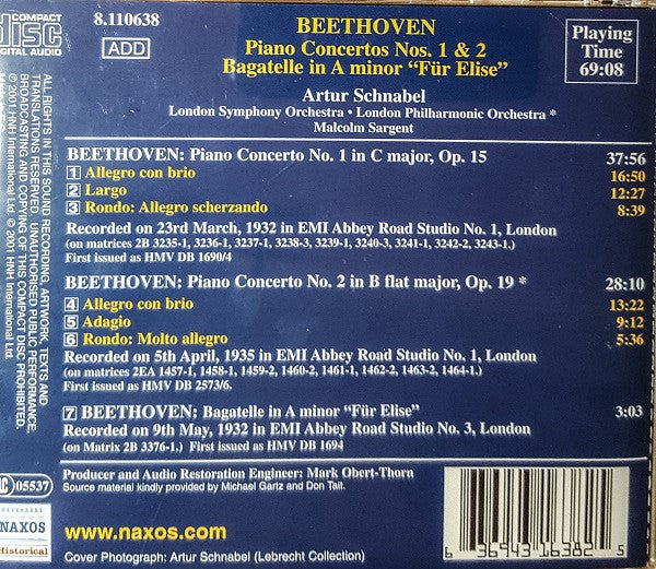 Ludwig van Beethoven, Artur Schnabel : Piano Concertos No.1 & 2, Bagatelle In A Minor "Für Elise" (CD, Comp, RM)
