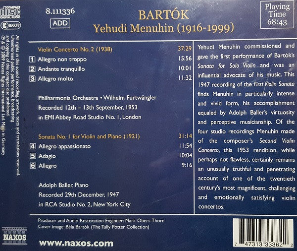 Bartók*, Yehudi Menuhin, Philharmonia Orchestra, Wilhelm Furtwängler, Adolph Baller : Violin Concerto No. 2 / Violin Sonata No. 1 (CD, Comp, RM)