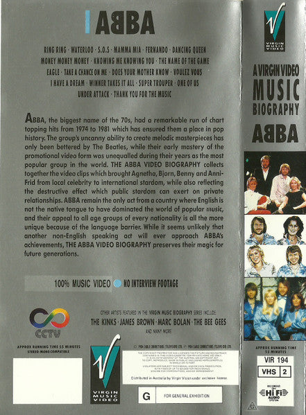 ABBA : A Virgin Video Music Biography ABBA 1974-1982 (VHS, Comp, PAL, Hi )