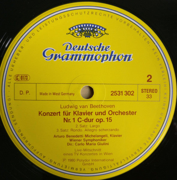Ludwig van Beethoven, Arturo Benedetti Michelangeli, Wiener Symphoniker • Carlo Maria Giulini : Klavierkonzert No. 1 = Piano Concerto (LP)
