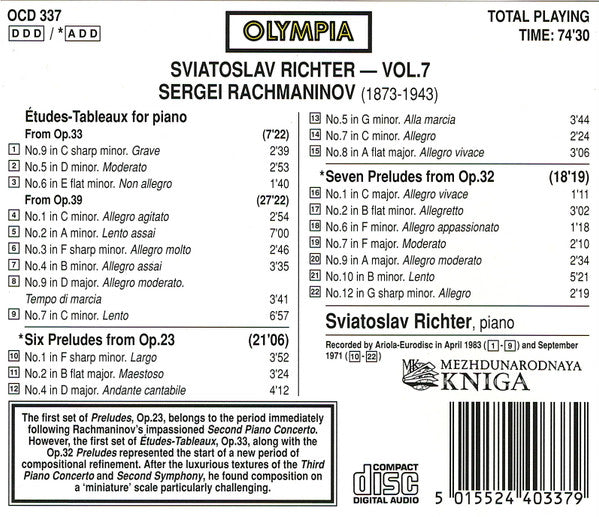 Rachmaninov* - Sviatoslav Richter : Études-Tableaux From Op. 33 & 39 · Six Preludes From Op. 23 · Seven Preludes From Op. 32 (CD, Comp)