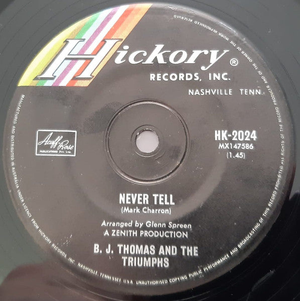 B.J. Thomas And The Triumphs (2) : Billy And Sue / Never Tell (7", Single)
