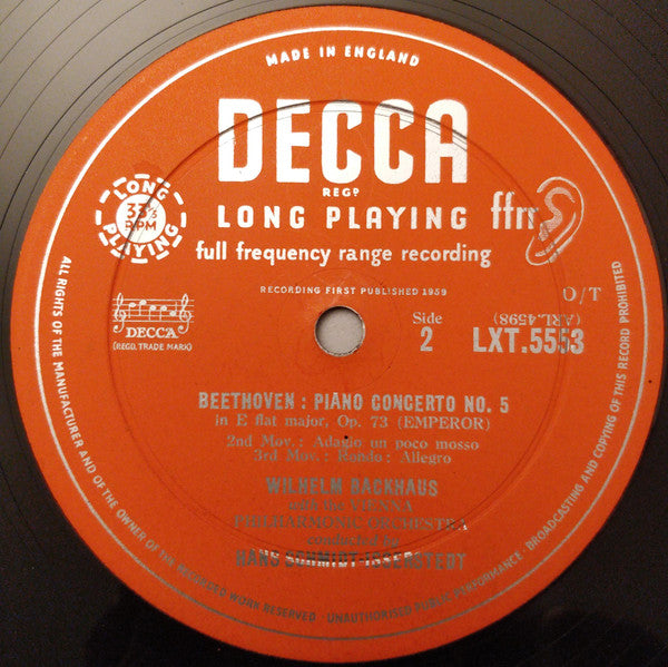 Ludwig van Beethoven, Wilhelm Backhaus, Wiener Philharmoniker, Hans Schmidt-Isserstedt : "Emperor" Concerto No. 5 In E Flat (LP, Mono)