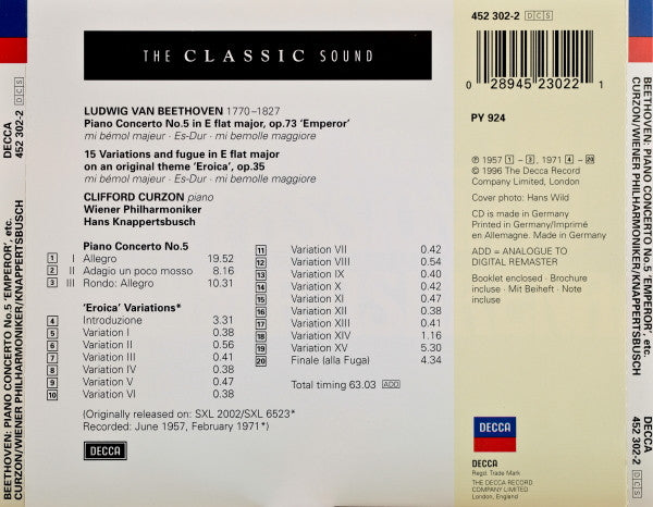 Beethoven*, Hans Knappertsbusch, Curzon*, The Vienna Philharmonic Orchestra* : Piano Concerto No. 5, "Emperor" / Eroica Variations (CD, Comp, PMD)