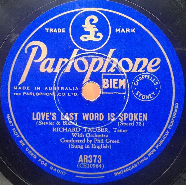 Richard Tauber : Jealousy / Love's Last Word Is Spoken (Shellac, 10")