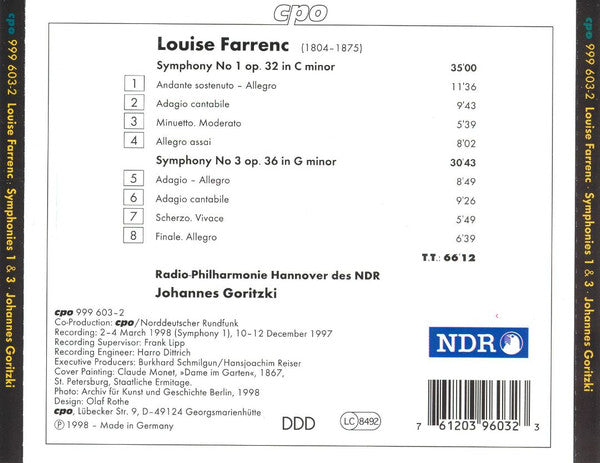 Louise Farrenc - Radio-Philharmonie Hannover Des NDR, Johannes Goritzki : Symphonies 1 & 3 (CD, Album)