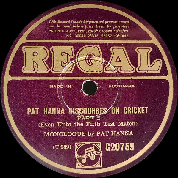 Pat Hanna : Pat Hanna Discourses On Cricket (Shellac, 10")