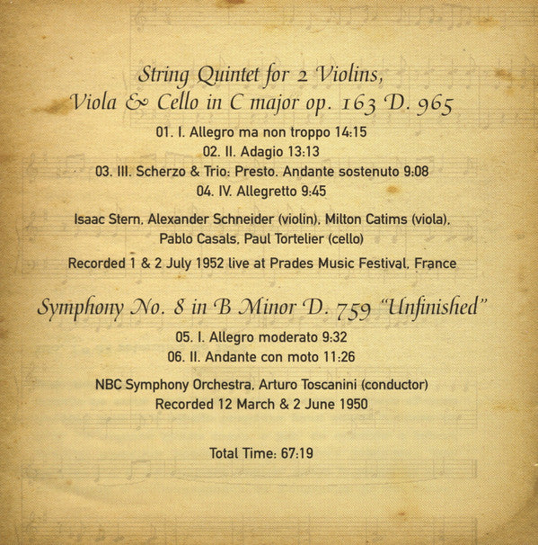 Franz Schubert - Isaac Stern, Alexander Schneider, Milton Katims, Pablo Casals, Paul Tortelier, NBC Symphony Orchestra, Arturo Toscanini : String Quintet In C Major D. 956 / Symphony No. 8 In B Minor D. 759 "Unfinished" (CD, Comp, RM)