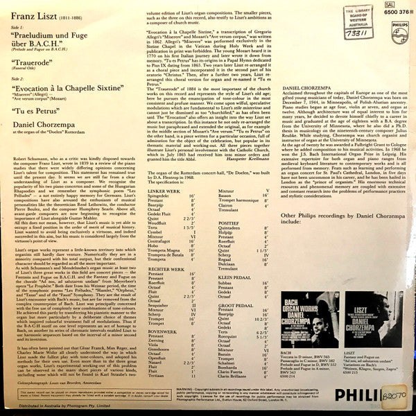 Franz Liszt - Daniel Chorzempa : Praeludium Und Fuge Über B.A.C.H. / Trauerode / Evocation À La Chapelle Sixtine / Tu Es Petrus (LP)