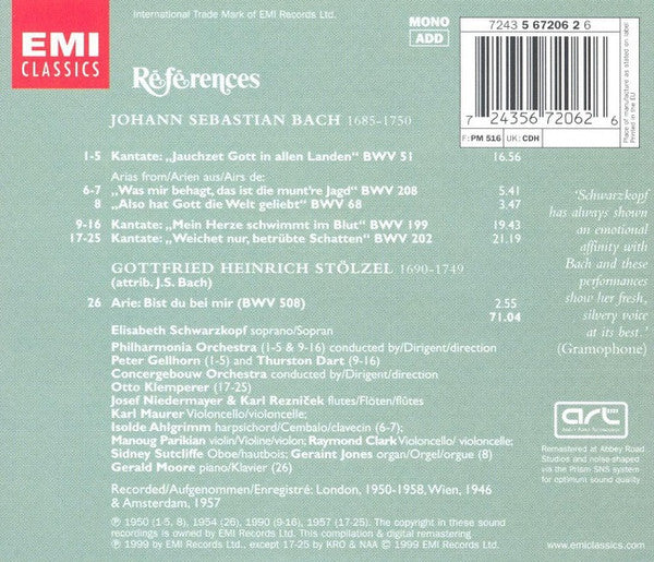 Bach*, Elisabeth Schwarzkopf : Cantatas BWV 51, 199, 202 • Arias (Cantatas BWV 68 & 208) (CD, Comp, Mono, RM)
