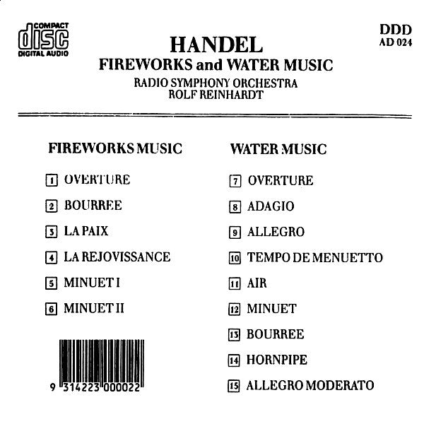 Handel* ; Radio Symphony Orchestra, Rolf Reinhardt : Fireworks and Water Music (CD, Comp)