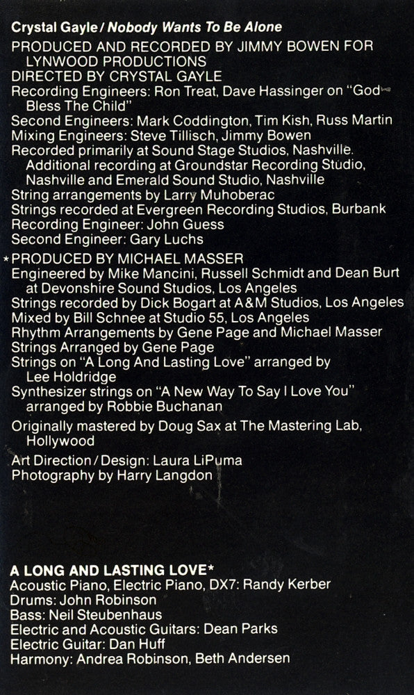 Crystal Gayle : Nobody Wants To Be Alone (Cass, Album)