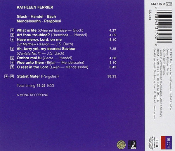 Kathleen Ferrier, Gluck*, Handel*, Bach*, Mendelssohn*, Pergolesi* : Gluck, Handel, Bach, Mendelssohn, Pergolesi (CD, Album, Mono, RM)