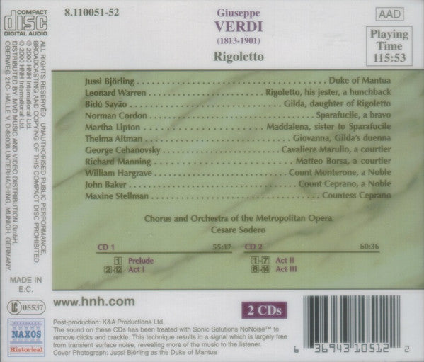 Giuseppe Verdi, Jussi Björling, Bidú Sayão, Leonard Warren, Norman Cordon, Martha Lipton, Thelma Altman, Metropolitan Opera Chorus And The Metropolitan Opera House Orchestra, Cesare Sodero : Verdi: Rigoletto (2xCD, Album, Mono)