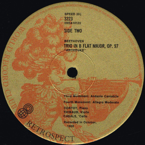 Beethoven* / Cortot* / Thibaud* / Casals* : "Archduke" Trio (LP, Album, Mono, Club, RM)