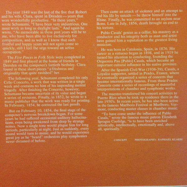 Robert Schumann, Pablo Casals : Cello Concerto / Five Pieces in Folk Style (LP, Mono)