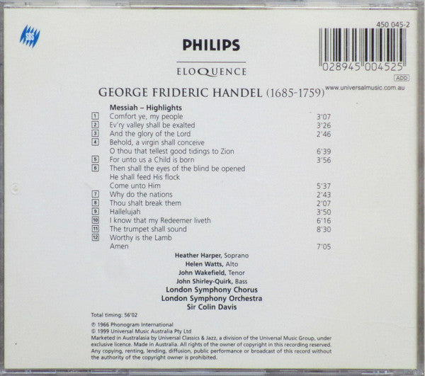 Handel* - Harper* • Watts* • Wakefield* • Shirley-Quirk* • London Symphony Orchestra & Chorus*, Sir Colin Davis : Messiah (Highlights) (CD, Album)