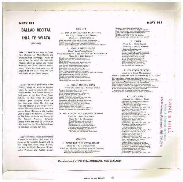 Inia Te Wiata : Ballad Recital (10", Album)