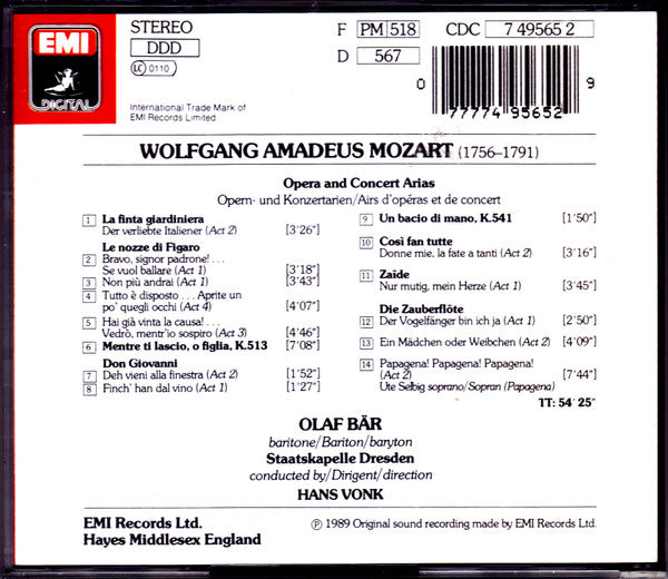 Olaf Bär, Wolfgang Amadeus Mozart, Staatskapelle Dresden, Hans Vonk : Opera And Concert Arias (CD, Album)