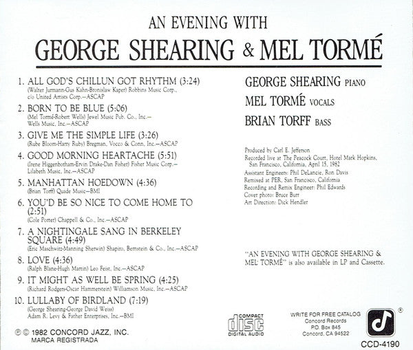 George Shearing And Mel Tormé : An Evening With George Shearing And Mel Tormé (CD, Album)