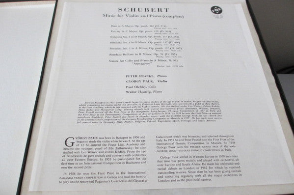 György Pauk, Peter Frankl, Paul Olefsky, Walter Hautzig : Schubert Music for Violin and Piano (complete) (3xLP + Box)