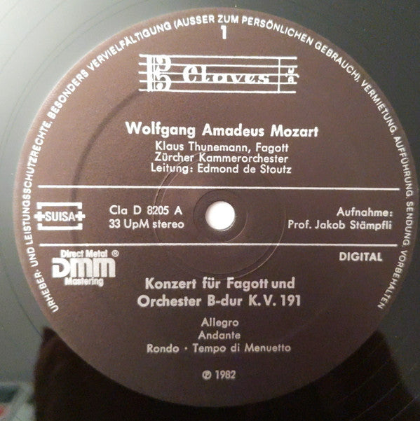 Wolfgang Amadeus Mozart, Klaus Thunemann, Thomas Friedli, Edmond De Stoutz, Zürcher Kammerorchester : Fagottkonzert B-dur, KV 191 / Klarinettenkonzert A-dur, KV 622 (LP)
