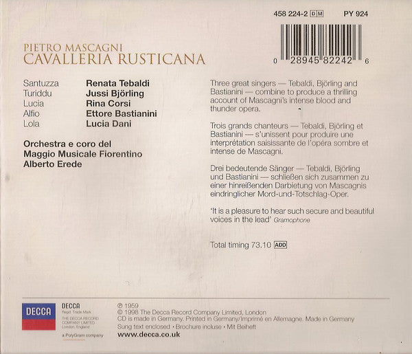 Pietro Mascagni, Renata Tebaldi, Jussi Björling, Ettore Bastianini : Cavalleria Rusticana (CD, Album, RE)