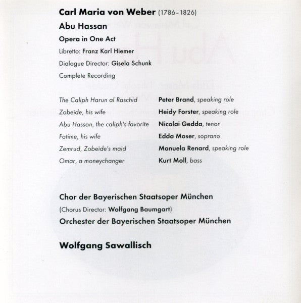 Carl Maria von Weber - Edda Moser · Nicolai Gedda · Kurt Moll · Chor Der Bayerischen Staatsoper Und Bayerisches Staatsorchester · Wolfgang Sawallisch : Abu Hassan (CD, Album, RE, RM)