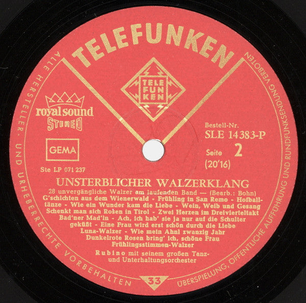 Rubino Und Sein Großes Ballroom-Orchester : Unsterblicher Walzerklang (LP, Album)