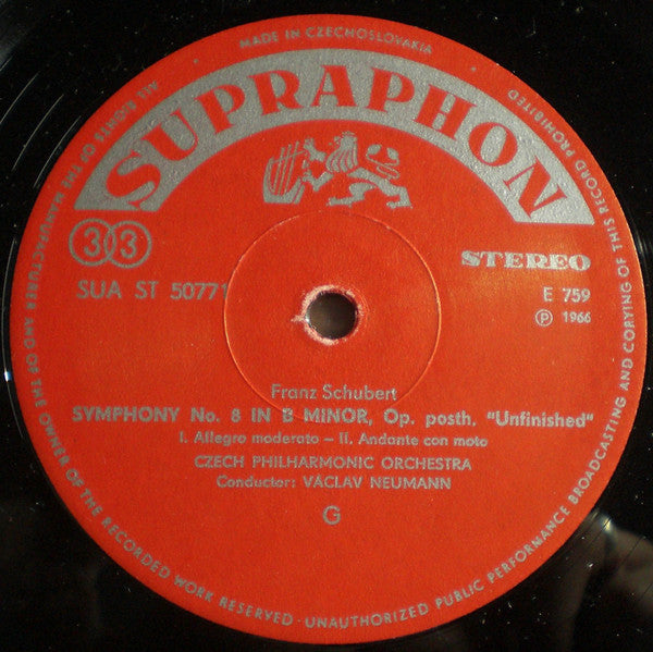 Schubert*, Czech Philharmonic Orchestra*, Václav Neumann : Symphonies Nos. 3 And 8 *Die Unvollendete (LP, Red)
