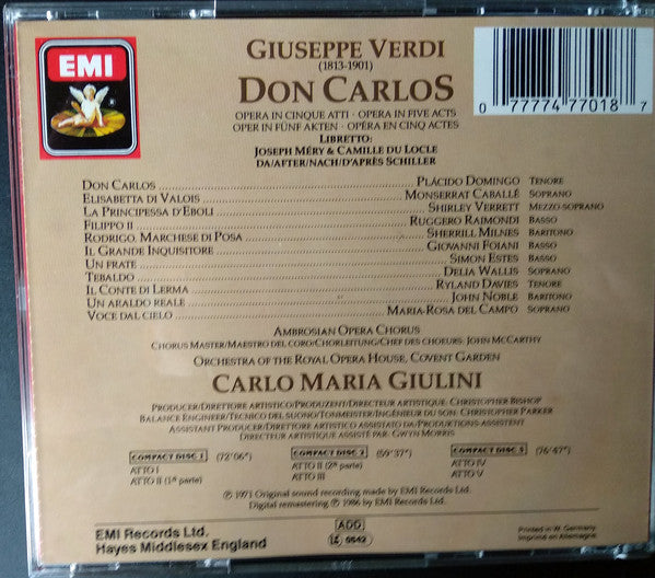 Verdi* - Domingo* · Caballé* · Raimondi* · Verrett* · Milnes* · Foiani* · Estes* · Ambrosian Opera Chorus* · Orchestra Of The Royal Opera House, Covent Garden · Carlo Maria Giulini : Don Carlos (3xCD, Album, RE, RM + Box, Sli)