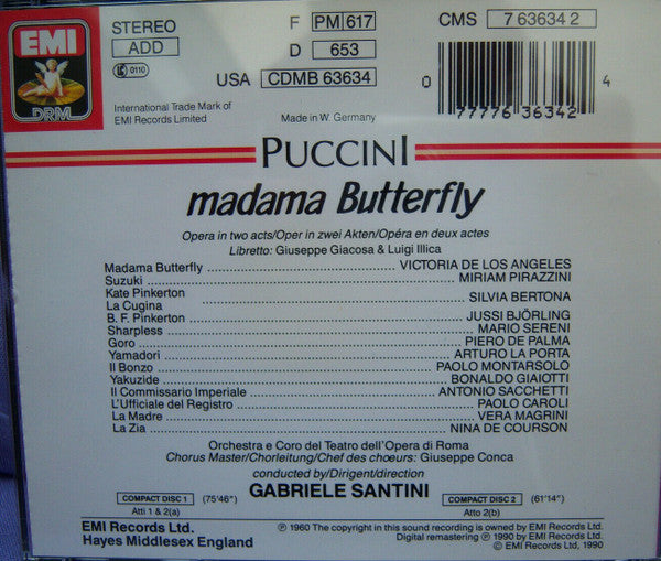 Puccini* - Victoria De Los Angeles, Jussi Björling, Miriam Pirazzini, Mario Sereni, Coro* E Orchestra Del Teatro Dell'Opera Di Roma, Gabriele Santini (2) : Madama Butterfly (2xCD, Album, RE, RM, DRM)