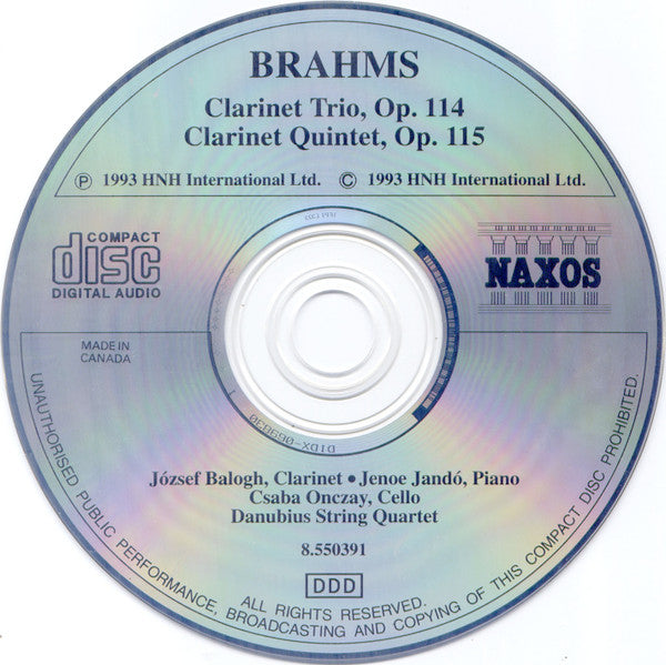 Johannes Brahms - József Balogh (2), Jenö Jandó, Csaba Onczay, Danubius String Quartet : Clarinet Trio, Op. 114 / Clarinet Quintet, Op. 115 (CD, Album, RE)