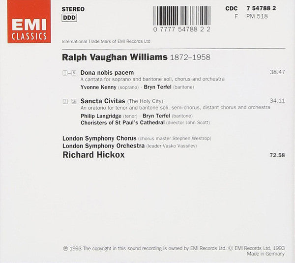 Ralph Vaughan Williams / Yvonne Kenny • Philip Langridge • Bryn Terfel • Choristers Of St Paul's Cathedral Choir • London Symphony Chorus & London Symphony Orchestra • Richard Hickox : Sancta Civitas • Dona Nobis Pacem (CD, Album)