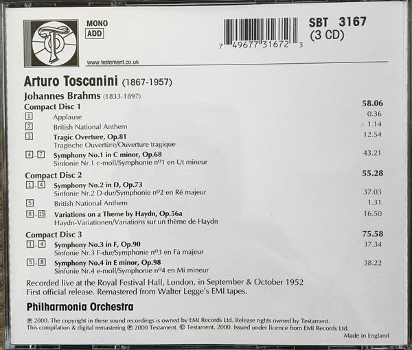 Arturo Toscanini, Brahms*, Philharmonia Orchestra : Brahms: The Four Symphonies; Variations On A Theme By Haydn; Tragic Overture (3xCD, Album, Mono, RM)