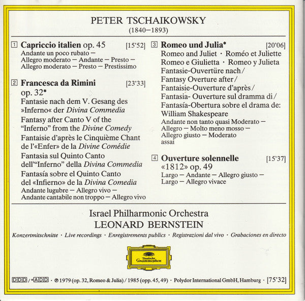 Leonard Bernstein, Israel Philharmonic Orchestra, Peter Tschaikowsky* : Ouverture 1812 - Romeo & Julia - Capriccio Italien - Franscesca a Rimini (CD, Comp, RM)