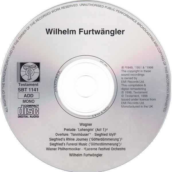 Wilhelm Furtwängler, Richard Wagner : Furtwängler Conducts Wagner (CD, Comp, Mono, RM)