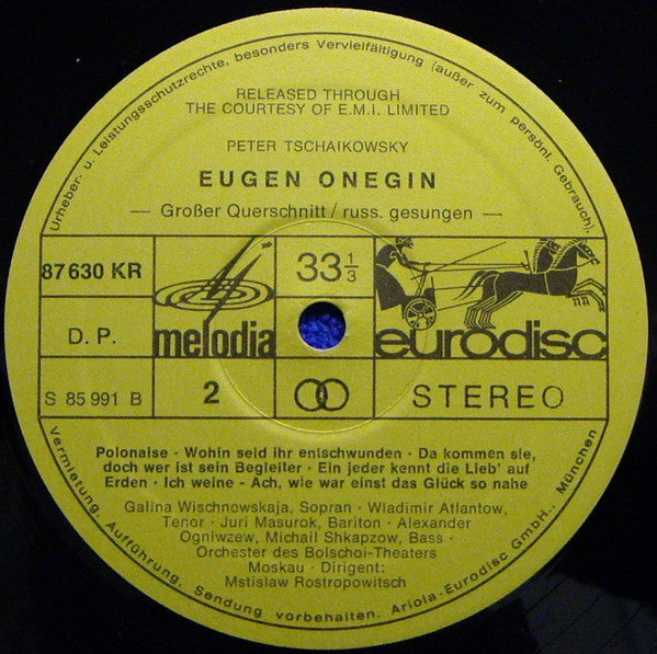 Pyotr Ilyich Tchaikovsky, Galina Vishnevskaya • Vladimir Atlantov, Yuri Mazurok • Aleksander Ognivtsev • Mstislav Rostropovich, Bolshoi Theatre Orchestra : Eugen Onegin In Russischer Sprache (LP)