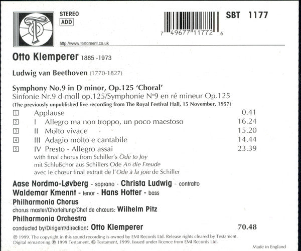 Otto Klemperer, Beethoven*, Nordmo-Løvberg*, Ludwig*, Kmentt*, Hotter*, Philharmonia Chorus & Orchestra* : Symphony No.9 'Choral' (The Previously Unpublished Live Recording From The Royal Festival Hall, 15.11.57) (CD, Album, RM)