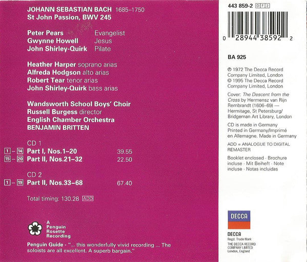J.S. Bach*, Pears* · Howell* · Harper*, Hodgson* · Tear*, Shirley-Quirk*, Wandsworth School Boys' Choir, English Chamber Orchestra, Benjamin Britten : St John Passion (2xCD, Album, RE, RM)