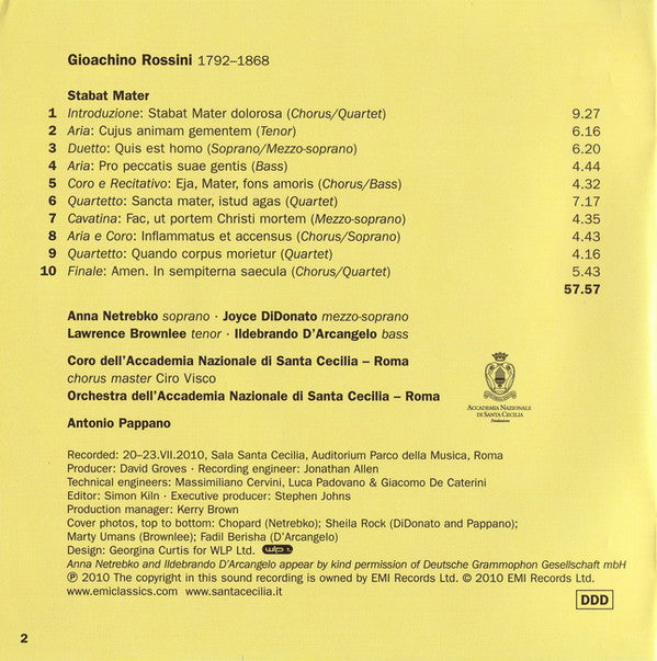Gioacchino Rossini, Anna Netrebko, Joyce DiDonato, Lawrence Brownlee, Ildebrando D'Arcangelo, Orchestra Dell'Accademia Nazionale di Santa Cecilia E Coro Dell'Accademia Nazionale di Santa Cecilia, Antonio Pappano : Stabat Mater (CD)