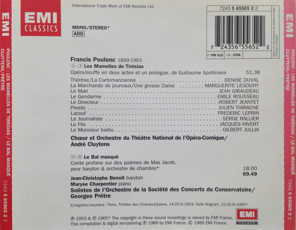 Poulenc*, Denise Duval, Jean Giraudeau, Orchestre Du Théâtre National De L'Opéra-Comique, André Cluytens, Jean-Christophe Benoit, Orchestre De La Société Des Concerts Du Conservatoire, Georges Prêtre : Les Mamelles De Tirésias / Le Bal Masqué (CD, Comp, Mono, RE, RM)